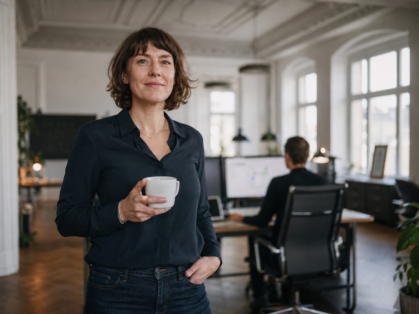 Unternehmerin in ihrem Büro, während die Automatisierung im Hintergrund die Abläufe übernimmt