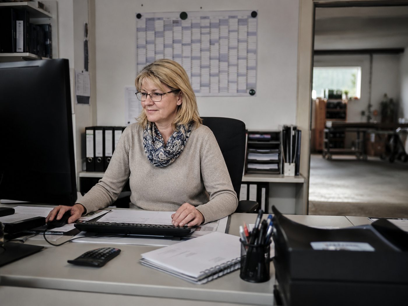 Mitarbeiterin im Büro eines Handwerksbetriebs bearbeitet Aufträge am automatisierten Arbeitsplatz (exemplarisch)
