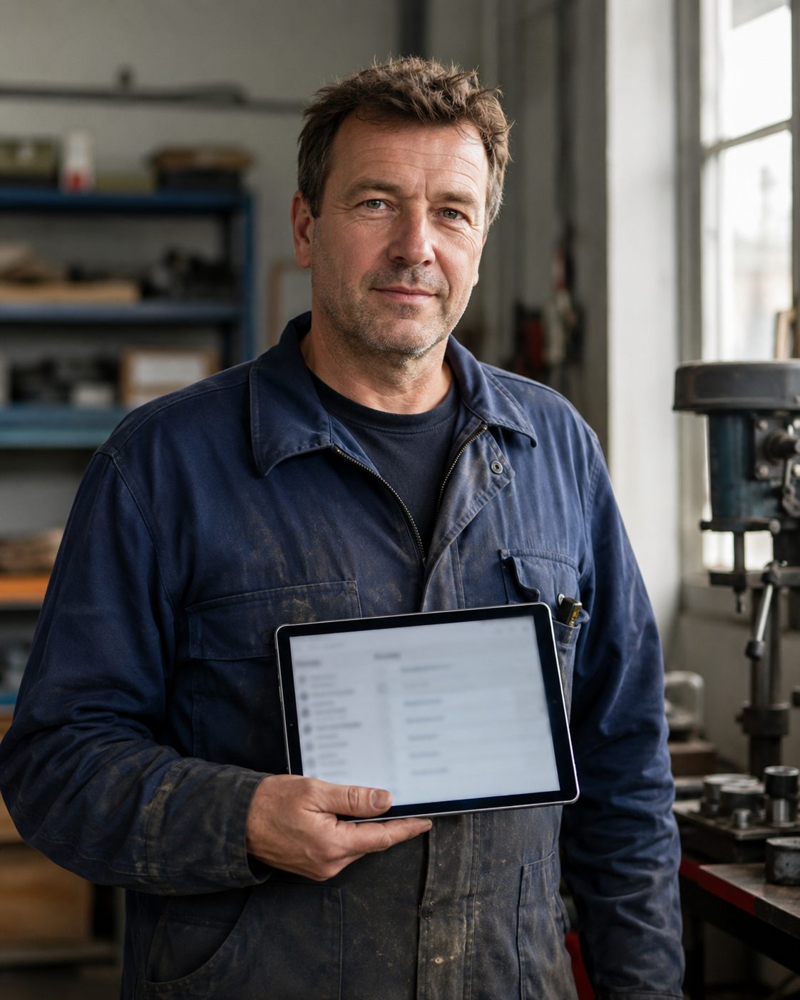 Handwerksunternehmer mit digitaler Auftragsübersicht auf dem Tablet im Betrieb